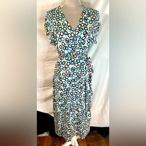 Vintage Y2K Banana Republic Cream, Blue Silk, Cotton Wrap Dress, Size XL